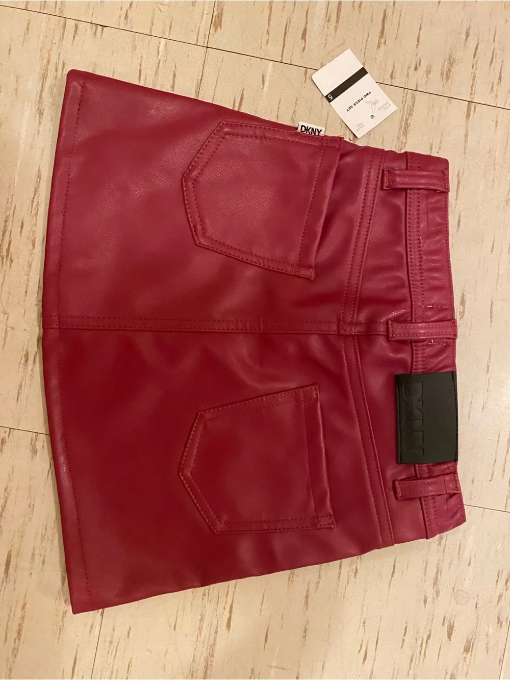 DKNY Pink Long-Sleeve Tee with Leopard Butterfly Print and leather skirt